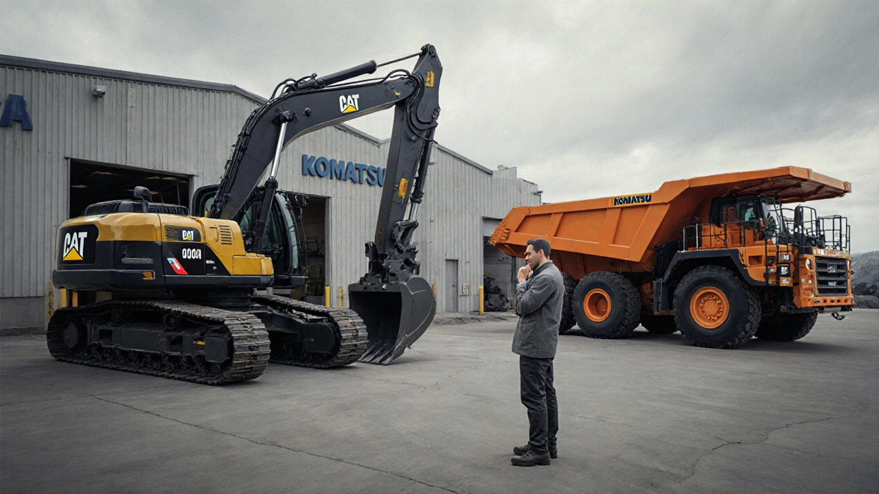 Buyer comparing a Caterpillar electric excavator and a Komatsu hybrid haul truck on a dealer lot under an overcast sky.
