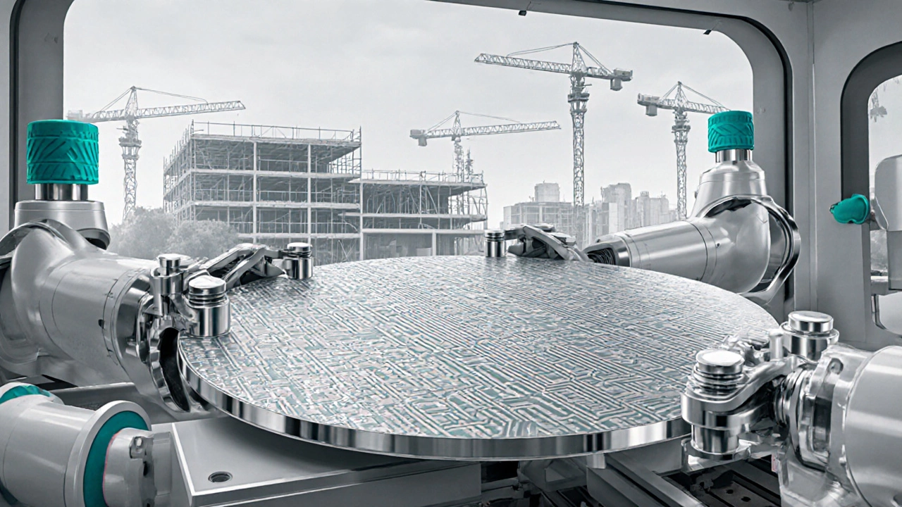 Close‑up of a cleanroom line processing 200 mm analog RF wafers.