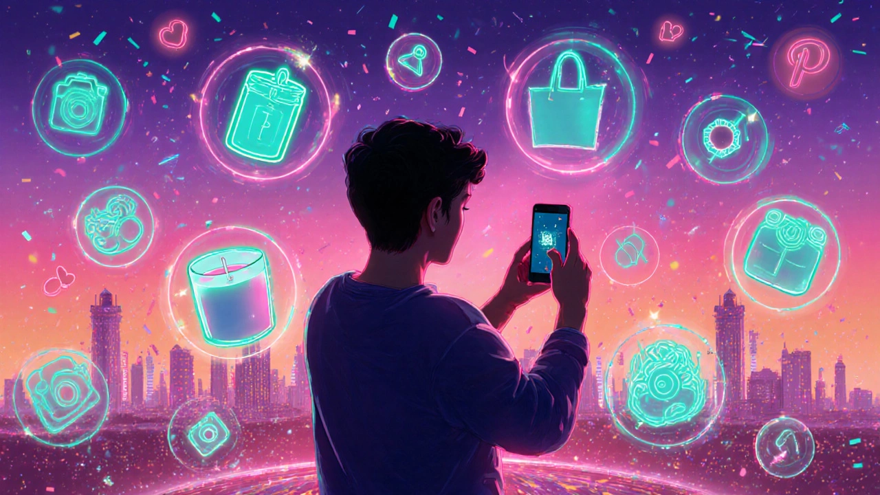 Digital art of a creator filming TikTok with glowing product icons and social media symbols.