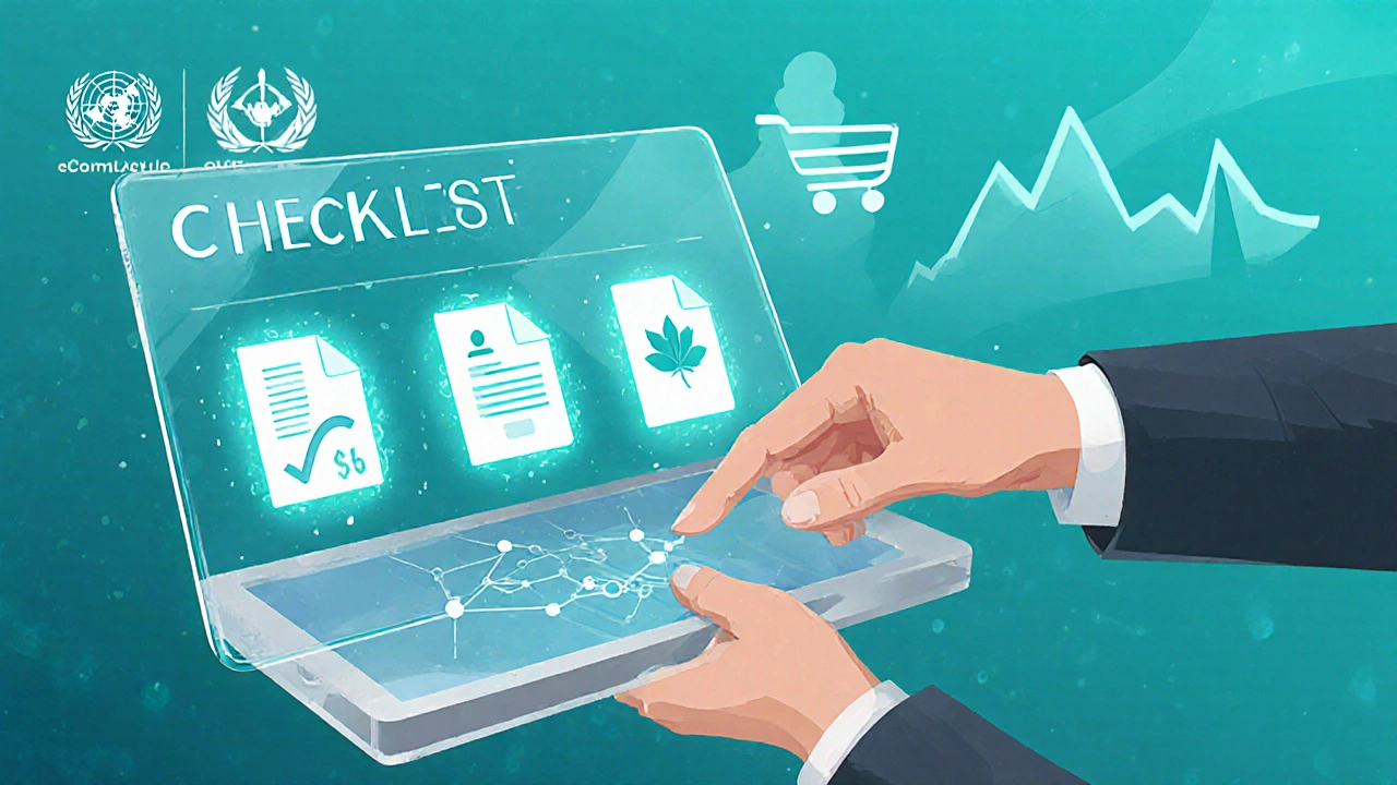 Digital dashboard with five checklist icons and faint data source symbols.