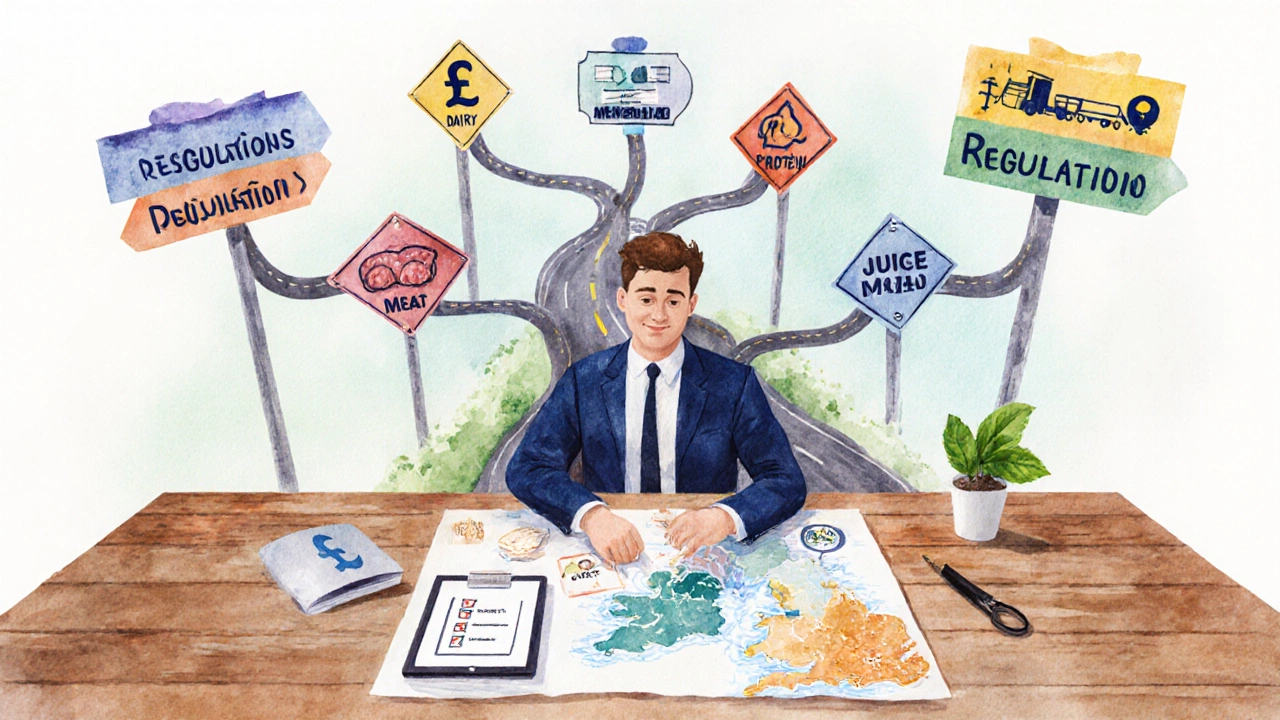 Entrepreneur planning food business options with icons for capital, supply chain, and regulations.