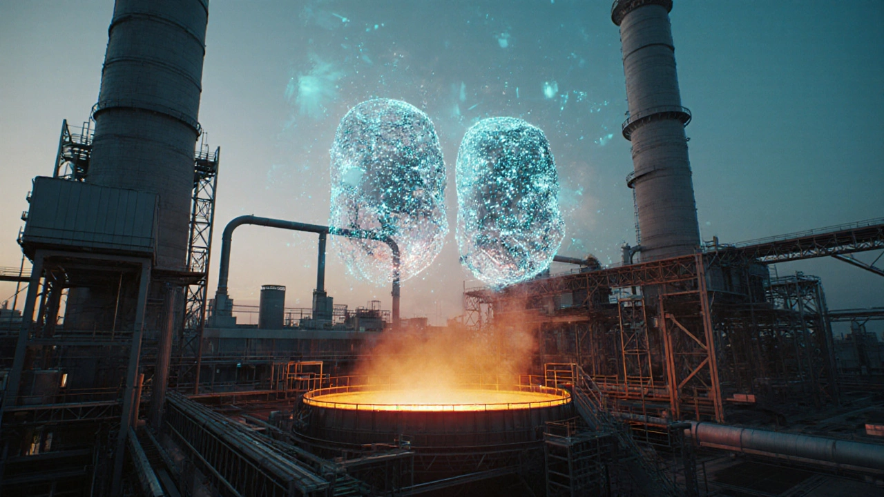 Futuristic hydrogen‑powered steel plant with AI holograms and recycling loop.