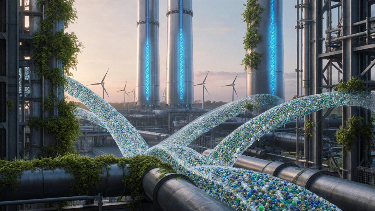 Futuristic polymer plant showing carbon‑capture towers, swirling recycled plastic, and green vines.
