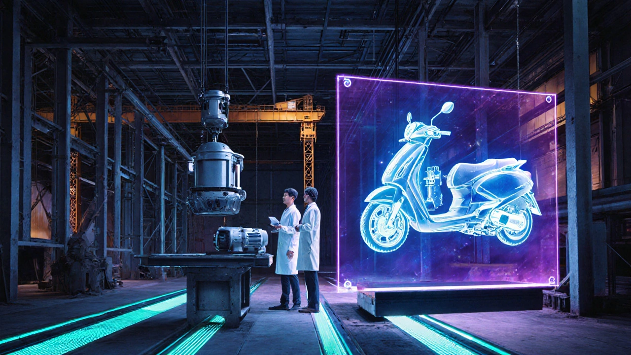 Futuristic scene of Honda’s new electric‑motor line under construction with engineers and holographic scooter design.