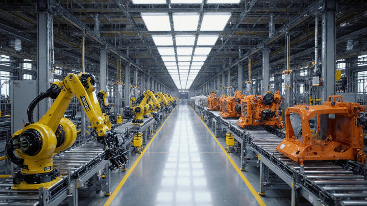 High‑tech factory floor with robots assembling yellow and orange heavy‑equipment machines under bright LED lights.