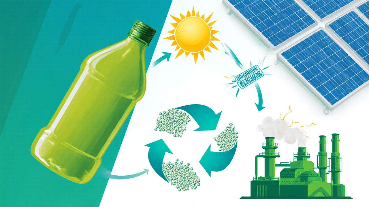 Illustration of a recycling loop showing polypropylene reuse and green electrolysis.