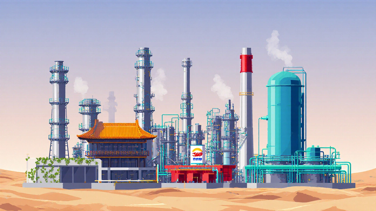 Illustration of five distinct chemical plant silhouettes positioned in a circular layout.