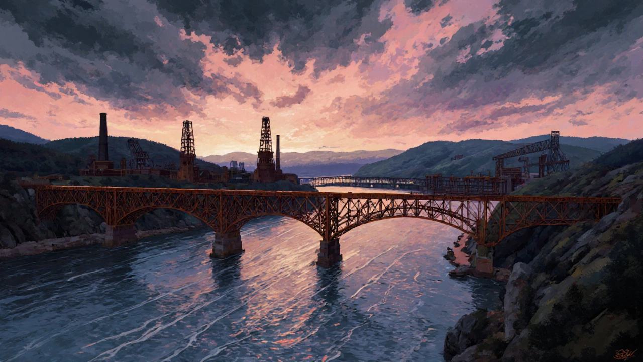 Illustration of three rivers meeting near steel mill silhouettes in Pittsburgh.