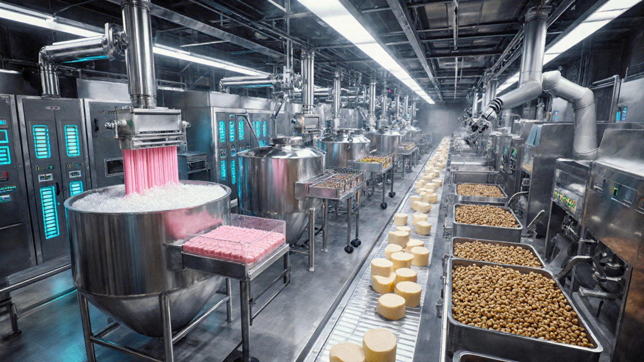 Industrial factory floor with dairy, plant‑based protein, and snack production lines.