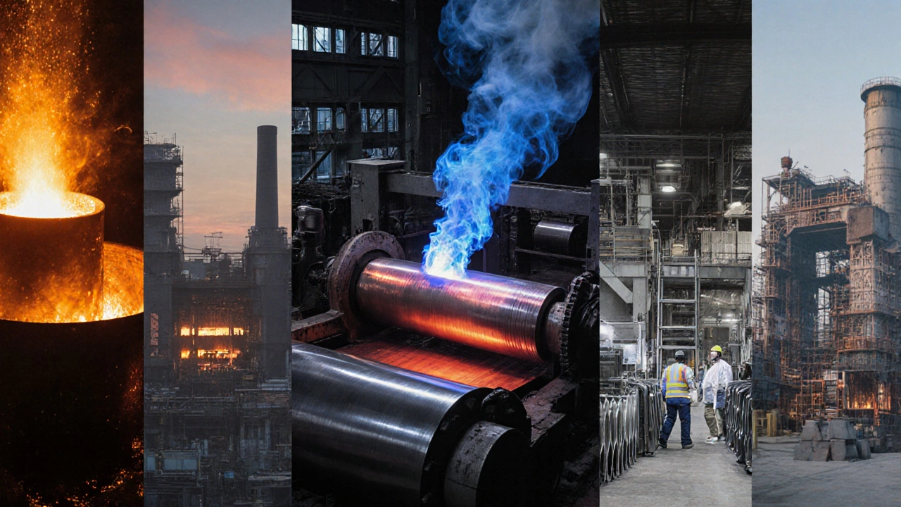 Industrial panorama of Tata Steel, ArcelorMittal, Nippon Steel, POSCO, and Thyssenkrupp plants.