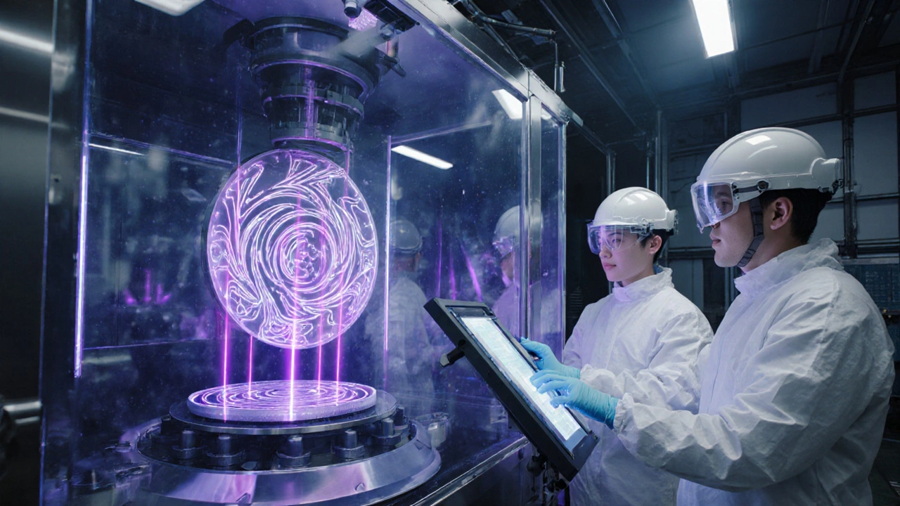 Inside a semiconductor fab: EUV scanner projecting light onto wafer with technicians in cleanroom suits.