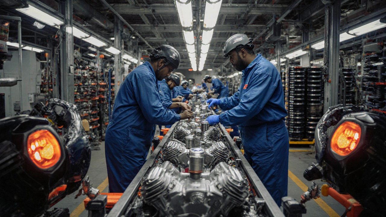 Inside Narsapura plant showing single‑cylinder engine assembly line with robots and parts.