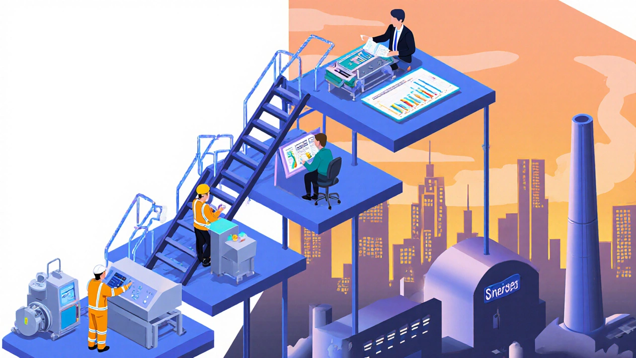Isometric career ladder from technician to plant manager above a factory.