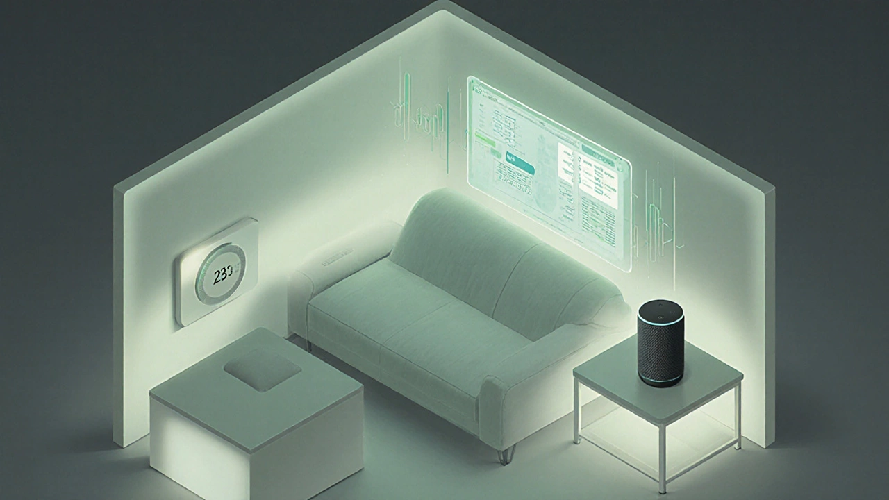 Isometric smart living room showing thermostat, speaker, and IoT connections.
