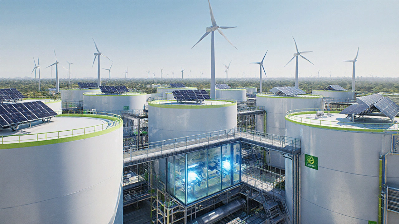 Modern Reliance chemical hub with solar panels, turbines, and glowing reactors.