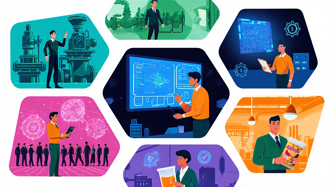 Six scenes showing top food processing roles, each in its own environment.