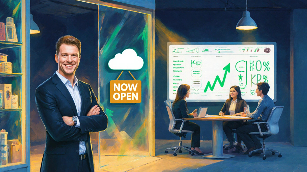 Successful business owner in a bright storefront with cloud accounting dashboard and happy staff.