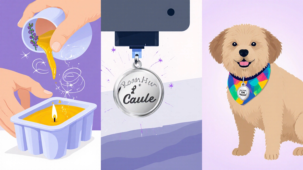 Vector illustration of candle pouring, laser‑engraved necklace, and dog with bandana.