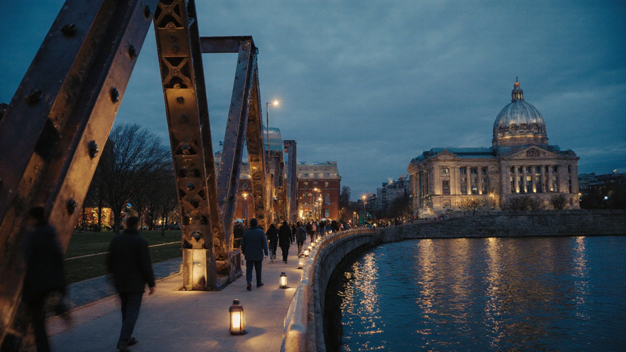 Visitors strolling riverfront park among repurposed steel structures at sunset.