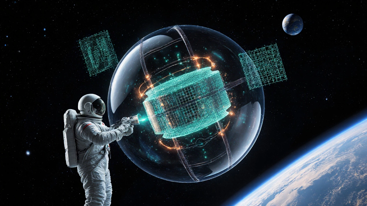 Zero‑gravity quantum chip fabrication chamber with astronaut manipulating atoms against space background.